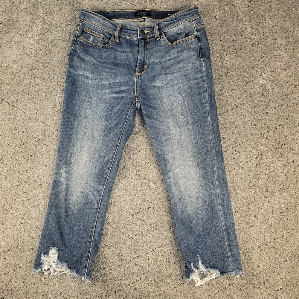 Judy Blue Jeans Womens 11/30 Blue Skinny Fit Capri Raw Hem Whisker Stretch Denim